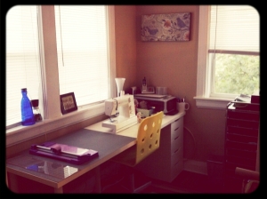 Perfect long desk/workspace from Ikea -- Plenty of room for my machine and cutting mat!