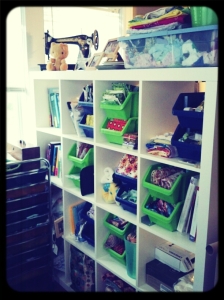 All of my fabric, notions, tools, etc. organized neatly in my Ikea cubbies!